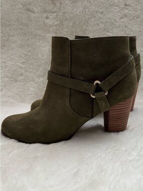 Cole Haan Olive Suede Ankle Booties with Stacked Heel